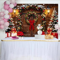 Lofaris Toile de fond de Noël porte en bois enneigée avec guirlande et couronne, décor de fête hivernal pour studio photo