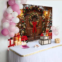 Lofaris Toile de fond de Noël porte en bois enneigée avec guirlande et couronne, décor de fête hivernal pour studio photo