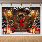 Lofaris Toile de fond de Noël porte en bois enneigée avec guirlande et couronne, décor de fête hivernal pour studio photo