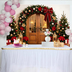 Lofaris Toile de fond de Noël élégante avec guirlande verte et nœud rouge, magnifique décor festif pour studio photo et fête