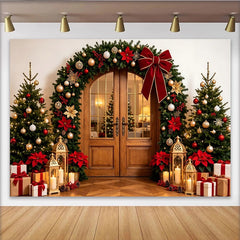 Lofaris Toile de fond de Noël élégante avec guirlande verte et nœud rouge, magnifique décor festif pour studio photo et fête