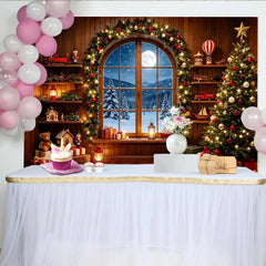 Lofaris Toile de fond de Noël avec fenêtre enneigée et cadeaux, magnifique décor festif pour studio photo d'hiver