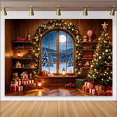 Lofaris Toile de fond de Noël avec fenêtre enneigée et cadeaux, magnifique décor festif pour studio photo d'hiver