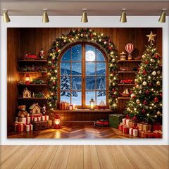 Lofaris Toile de fond de Noël avec fenêtre enneigée et cadeaux, magnifique décor festif pour studio photo d'hiver