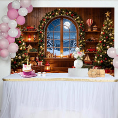 Lofaris Toile de fond de Noël avec fenêtre enneigée, sapins décorés et cadeaux, magnifique décor festif pour studio photo d'hiver