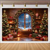 Lofaris Toile de fond de Noël avec fenêtre enneigée, sapins décorés et cadeaux, magnifique décor festif pour studio photo d'hiver