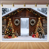 Lofaris Toile de fond de Noël rustique avec grange enneigée et sapins décorés, arrière-plan de photographie hivernale pour fêtes