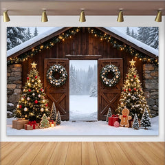 Lofaris Toile de fond de Noël rustique avec grange enneigée et sapins décorés, arrière-plan de photographie hivernale pour fêtes