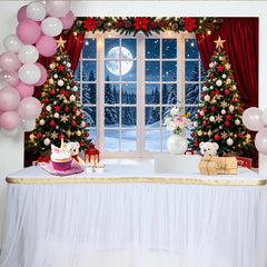 Lofaris Toile de fond Joyeux Noël avec arbres enneigés et pleine lune, magnifique décor de fête hivernale pour studio photo