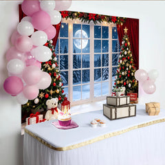 Lofaris Toile de fond Joyeux Noël avec arbres enneigés et pleine lune, magnifique décor de fête hivernale pour studio photo