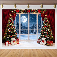 Lofaris Toile de fond Joyeux Noël avec arbres enneigés et pleine lune, magnifique décor de fête hivernale pour studio photo