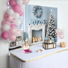 Lofaris Toile de fond hivernale Noël et Nouvel An 2026 bleue et blanche, magnifique décor de fête avec cheminée et cadeaux pour studio photo