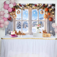 Lofaris Toile de fond de Noël fenêtre enneigée et décorations festives, superbe arrière-plan d'hiver pour studio photo ou fête