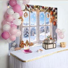 Lofaris Toile de fond de Noël fenêtre enneigée et décorations festives, superbe arrière-plan d'hiver pour studio photo ou fête