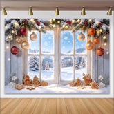 Lofaris Toile de fond de Noël fenêtre enneigée et décorations festives, superbe arrière-plan d'hiver pour studio photo ou fête