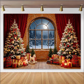 Lofaris Toile de fond de Noël chaleureuse avec sapins enneigés et cadeaux, fenêtre hivernale sous la lune pour studio photo et fête