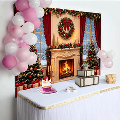 Lofaris Toile de fond de Noël cheminée sapins rideaux rouges, magnifique arrière-plan hivernal pour fête et studio photo