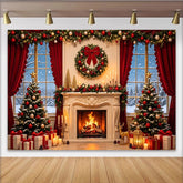 Lofaris Toile de fond de Noël cheminée sapins rideaux rouges, magnifique arrière-plan hivernal pour fête et studio photo
