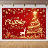Lofaris Toile de fond de Noël rouge et or avec sapin scintillant et renne, décor festif pour Nouvel An et séances photo de vacances
