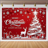 Lofaris Fond rouge scintillant avec sapin et renne pour Noël et Nouvel An, magnifique arrière-plan de fête pour studio photo