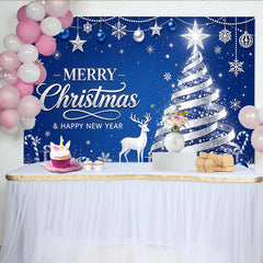 Lofaris Toile de fond de Noël et Nouvel An bleue et argentée avec sapin et renne, décor de fête d'hiver avec flocons de neige et cadeaux