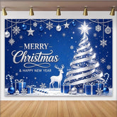 Lofaris Toile de fond de Noël et Nouvel An bleue et argentée avec sapin et renne, décor de fête d'hiver avec flocons de neige et cadeaux