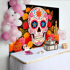 Lofaris Toile de fond Dia de los Muertos avec crâne en sucre et fleurs colorées, décoration festive pour célébration mexicaine et studio photo