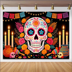 Lofaris Crâne en sucre coloré et œillets d'Inde pour le Día de los Muertos, décoration de fête mexicaine avec bougies et guirlandes