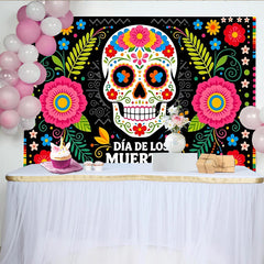 Lofaris Toile de fond Día de los Muertos avec crâne en sucre et fleurs colorées, arrière-plan vibrant pour fête mexicaine et studio photo