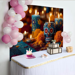 Lofaris Toile de fond Jour des Morts avec crânes décoratifs et bougies, décor de fête mexicaine avec fleurs de souci pour photographie
