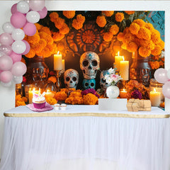 Lofaris Toile de fond Dia de los Muertos avec calaveras colorées et œillets d'Inde, magnifique décor festif pour célébration mexicaine