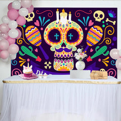 Lofaris Toile de fond Día de Muertos avec crâne en sucre coloré et maracas, décor festif mexicain pour célébration culturelle