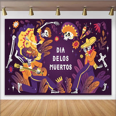 Lofaris Toile de fond Fête des Morts mexicaine avec squelettes et sombreros, décor festif aux couleurs vives pour célébration et photographie