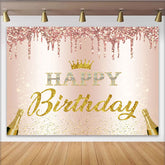 Lofaris Toile de fond pour anniversaire rose or paillettes et couronne, élégant décor de fête avec bouteilles de champagne pour studio photo
