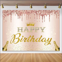 Lofaris Toile de fond pour anniversaire rose or paillettes et couronne, élégant décor de fête avec bouteilles de champagne pour studio photo