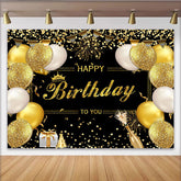 Lofaris Toile de fond joyeux anniversaire noir et or avec paillettes et ballons, décor de fête élégant pour studio photo