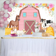 Lofaris Toile de fond pour anniversaire animaux de la ferme avec grange rose et fleurs, décor de fête pour enfants et séance photo