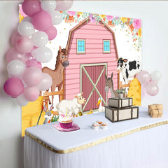 Lofaris Toile de fond pour anniversaire animaux de la ferme avec grange rose et fleurs, décor de fête pour enfants et séance photo