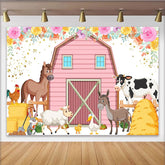 Lofaris Toile de fond pour anniversaire animaux de la ferme avec grange rose et fleurs, décor de fête pour enfants et séance photo