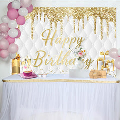 Lofaris Toile de fond joyeux anniversaire blanc et or avec paillettes et champagne, élégant décor de fête avec cadeaux pour célébration