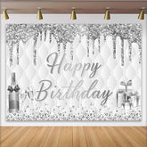 Lofaris Toile de fond pour anniversaire paillettes argentées avec diamants et champagne, élégant décor de fête avec cadeaux pour studio photo