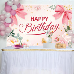 Lofaris Toile de fond joyeux anniversaire rose pour fille avec nœuds et papillons, magnifique décor floral et étoiles pour séance photo