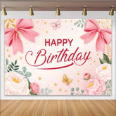 Lofaris Toile de fond joyeux anniversaire rose pour fille avec nœuds et papillons, magnifique décor floral et étoiles pour séance photo