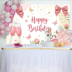 Lofaris Toile de fond pour anniversaire floral rose avec nœuds et coupes de champagne, décor de fête avec papillons et étoiles