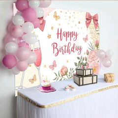 Lofaris Toile de fond pour anniversaire floral rose avec nœuds et coupes de champagne, décor de fête avec papillons et étoiles
