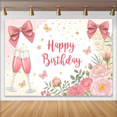 Lofaris Toile de fond pour anniversaire floral rose avec nœuds et coupes de champagne, décor de fête avec papillons et étoiles