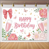 Lofaris Toile de fond joyeux anniversaire rose avec fleurs, papillons et flûtes de champagne, décor élégant pour fête et studio photo