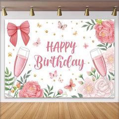 Lofaris Toile de fond joyeux anniversaire rose avec fleurs, papillons et flûtes de champagne, décor élégant pour fête et studio photo