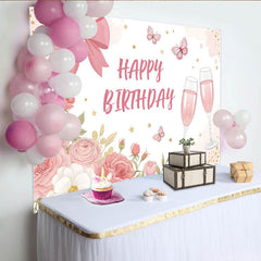 Lofaris Toile de fond joyeux anniversaire rose avec fleurs et papillons, élégant décor de fête pour femme et séance photo