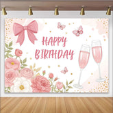 Lofaris Toile de fond joyeux anniversaire rose avec fleurs et papillons, élégant décor de fête pour femme et séance photo